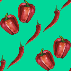 Watercolor red pepper. Mexican food. Seamless pattern