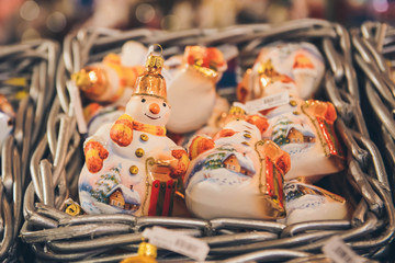 Counter with Christmas decorations. Christmas toys. Christmas fair.