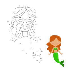  vector illustration of children's game connect the dots, on a white background, figure, mermaid, girl