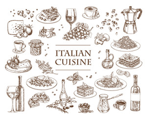 Italian Cuisine vector illustration. Set of traditional italian dishes. Food menu design template. Vintage hand drawn sketch. Engraved image - obrazy, fototapety, plakaty