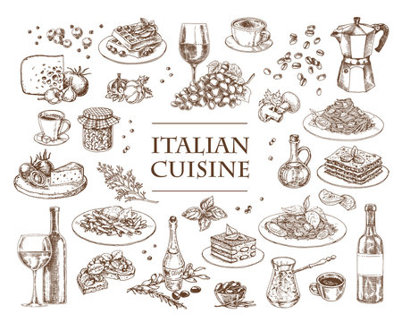 Italian Cuisine vector illustration. Set of traditional italian dishes. Food menu design template. Vintage hand drawn sketch. Engraved image