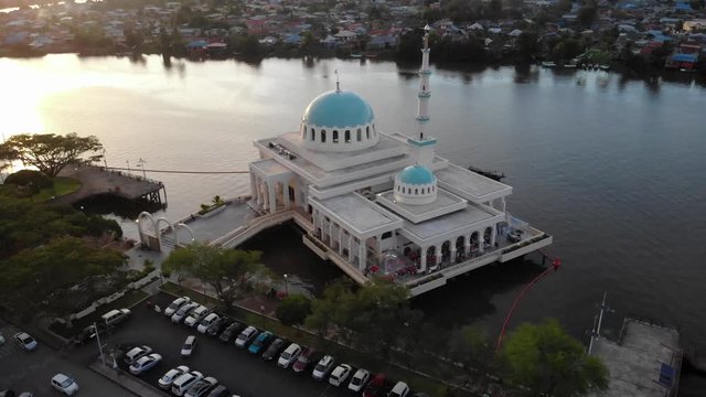 Aerial view of the beautiful floating mosque of Kuching  or also known as masjid india during sunset