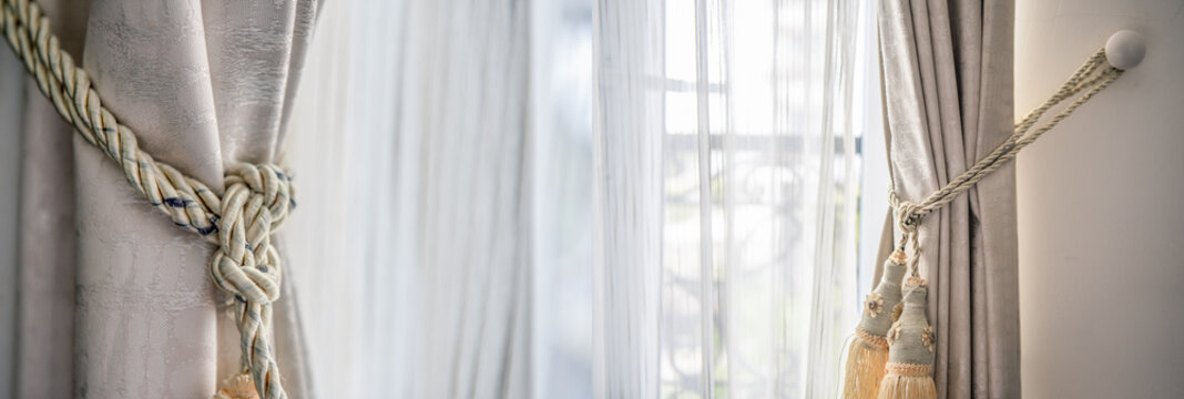 White Curtain Decoration On The Door With Blinds.