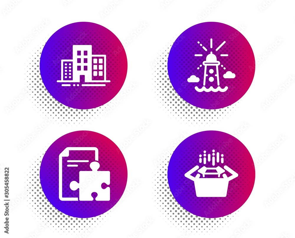 Poster buildings, strategy and lighthouse icons simple set. halftone dots button. packing boxes sign. town 