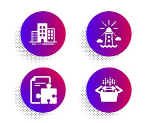 Buildings, Strategy and Lighthouse icons simple set. Halftone dots button. Packing boxes sign. Town apartments, Puzzle, Navigation beacon. Delivery box. Industrial set. Vector
