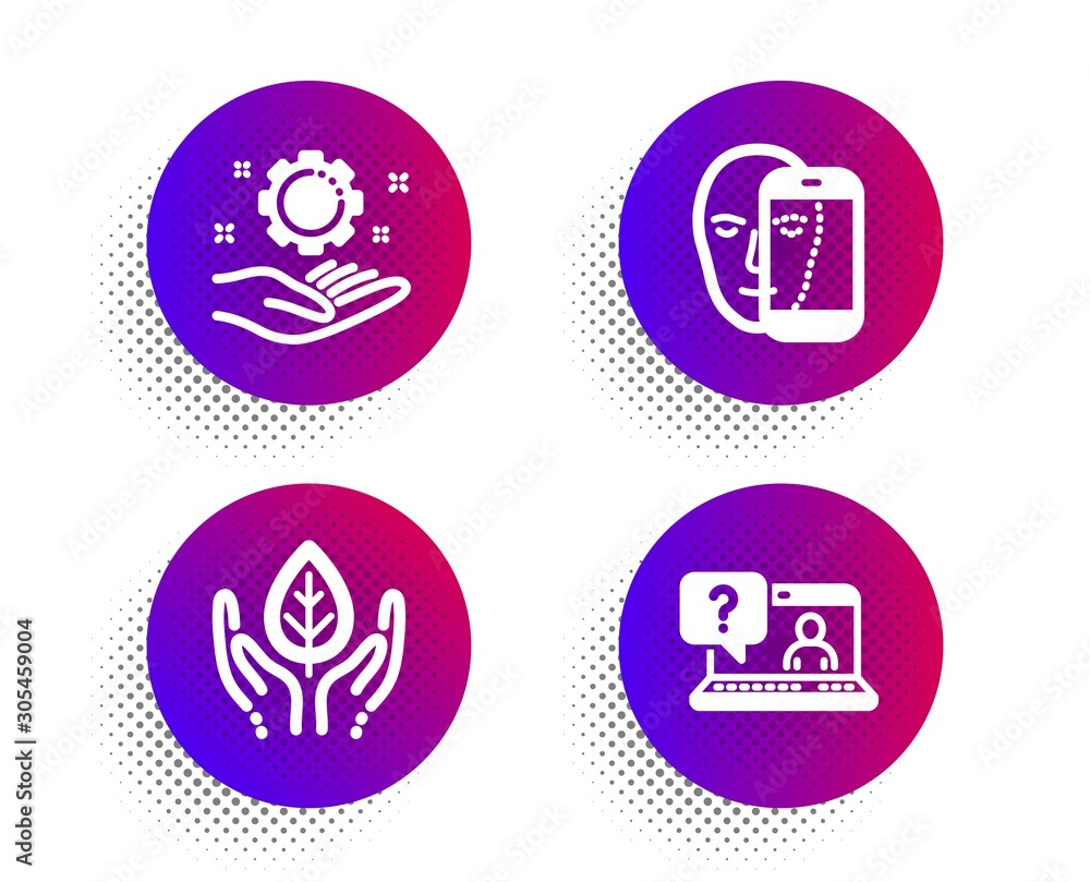 Poster employee hand, face biometrics and fair trade icons simple set. halftone dots button. faq sign. work