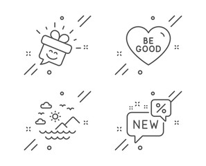 Sea mountains, Be good and Smile line icons set. New sign. Summer travel, Love sweetheart, Gift box. Discount. Holidays set. Line sea mountains outline icon. Vector