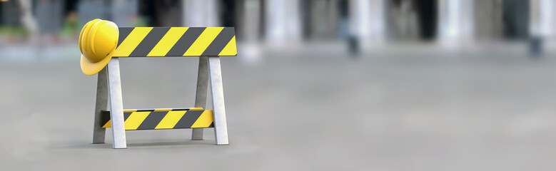 Barrier - under construction on a gray background. Horizontal banner. Road sign without...