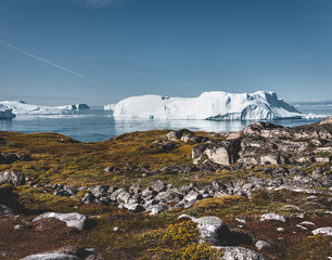View towards Icefjord in Ilulissat. Easy hiking route to the famous Kangia glacier near Ilulissat...