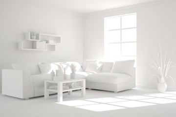 Mock up of stylish room in white color with sofa. Scandinavian interior design. 3D illustration