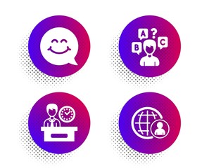 Presentation time, Smile face and Quiz test icons simple set. Halftone dots button. International recruitment sign. Report, Chat, Interview. World business. People set. Vector