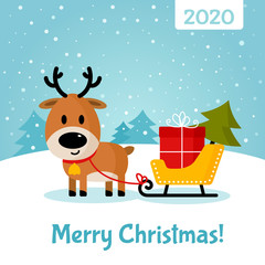 Deer Santa with sleigh, gift and Christmas tree