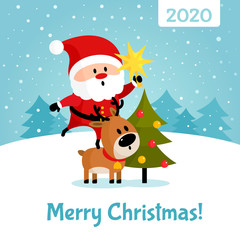 Santa Claus on deer hanging star on Christmas tree
