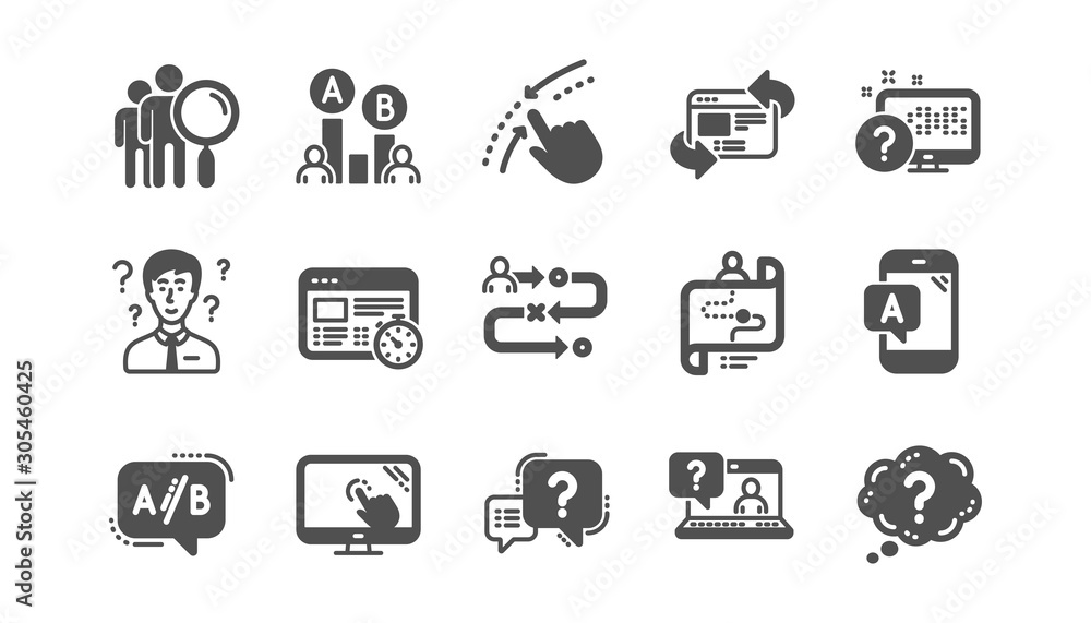 Poster ux icons. ab testing, journey path map and question mark. quiz test classic icon set. quality set. v