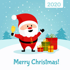 Santa Claus with bell and gift boxes