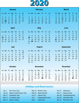 2020 Calendar One Page Color