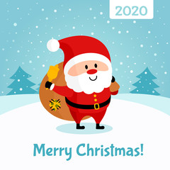 Santa Claus with bag of gifts and bell