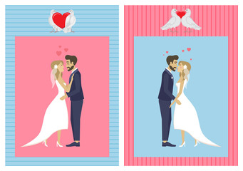 Wedding ceremony vector, man and woman kissing each other, bride and groom in love on special day, male and female cuddling, lady wearing bridal dress, two dove with heart