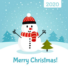 Snowman in hat and scarf with Christmas tree