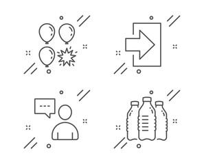 Users chat, Balloon dart and Login line icons set. Water bottles sign. Communication concept, Attraction park, Sign in. Aqua drinks. Business set. Line users chat outline icon. Vector