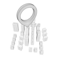 Geo map pin on Mesh low poly wireframe cubes array like skyscraper city. Connected lines town. Connection Box Structure. Digital Data Visualization Concept. Vector Illustration.. Place GPS pictogram.