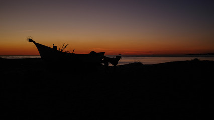 silhouette of a boat and a dog in sunset