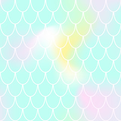 Mermaid seamless pattern on pastel blurred background. Fish scale pattern tile. Mint and pink abstract print