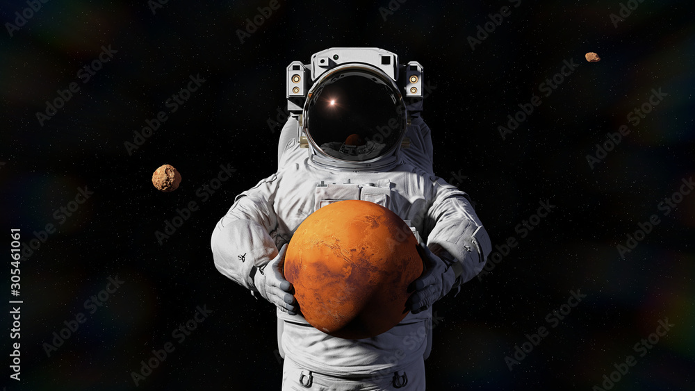 Canvas Prints astronaut holding mars, phobos and deimos orbiting the planet