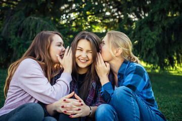Fototapeta premium Three young attractive woman sharing secrets sitting on green grass in the park. Cheerful girlfriends gossip and whisper outdoor.