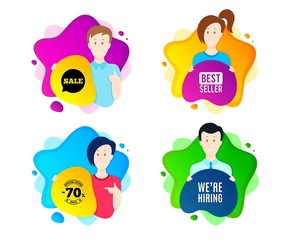 We're hiring symbol. People shape offer badge. Recruitment agency sign. Hire employees symbol. Dynamic shape offer. Worker person badge. Cut out people coupon. Hiring text. Vector