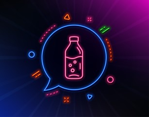 Water bottle line icon. Neon laser lights. Soda aqua drink sign. Liquid symbol. Glow laser speech bubble. Neon lights chat bubble. Banner badge with water bottle icon. Vector