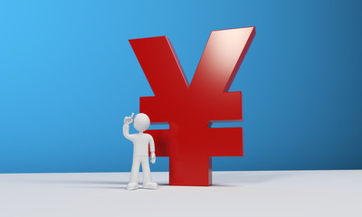 3D rendering of small people and renminbi symbols on blue background