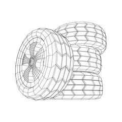 Automobile rubber car wheel tire and rim. Wireframe low poly mesh vector illustration. Auto service repair concept.