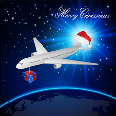 airplane in night sky on earth with santa hat and gift box. Merry Christmas concept. Vector illustration.