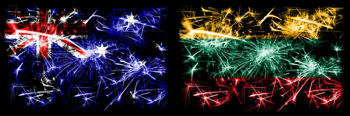 Australia, Ozzie vs Lithuania, Lithuanian New Year celebration sparkling fireworks flags concept background. Combination of two abstract states flags.