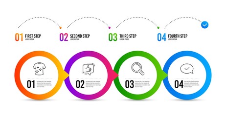 Clean t-shirt, Like and Research line icons set. Timeline infographic. Approved message sign. Laundry shirt, Thumbs up, Magnifying glass. Accepted chat. Business set. Clean t-shirt icon. Vector
