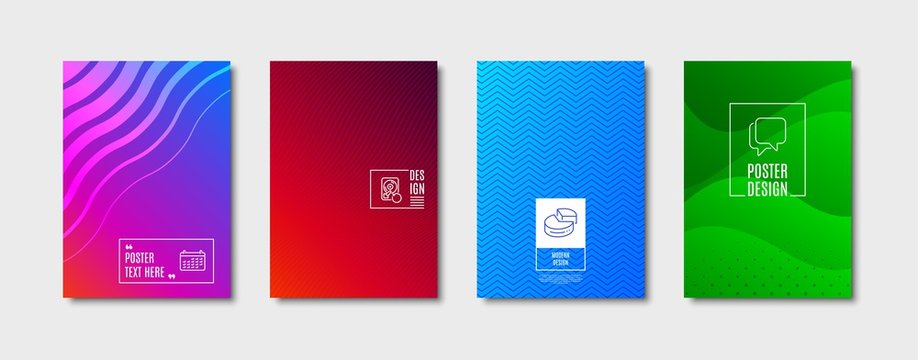 Pie chart sign. Poster design, cover template. Recovery hdd, Calendar and Talk bubble line icons set. Backup info, Business audit, Chat message. 3d graph. Education set. Abstract background. Vector