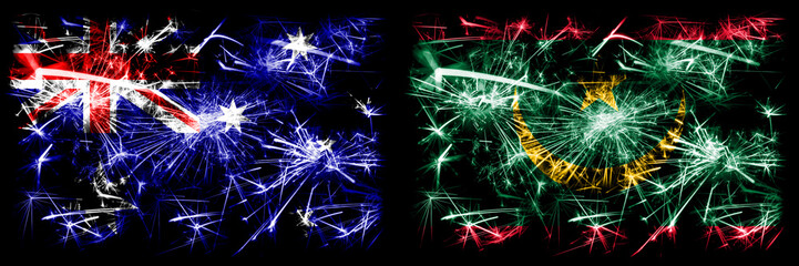Australia, Ozzie vs Mauritania, Mauritanian New Year celebration sparkling fireworks flags concept background. Combination of two abstract states flags.