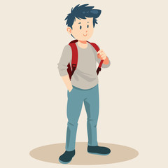 youngman standing with red backpack. Isolated on background. Flat cartoon vector illustration.