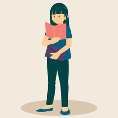 Girl long hair standing and reading and preparing for examination. Book lover, reader, isolated on background. Flat cartoon vector illustration.