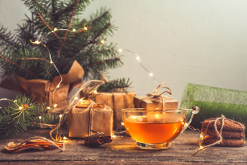 Christmas zero waste, eco friendly packaging gifts  kraft paper wooden table, eco christmas holiday...
