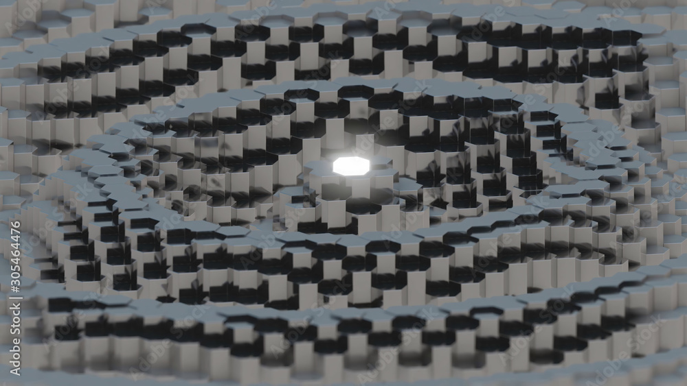 Aufkleber metallic hexagonal array with one glowing element in center with depth of field blur effect - 3d ill