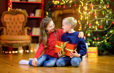 Fototapeta na wymiar Sister and brother are sitting on the floor in the room with a gift in their hands. Against the background of a festive tree. Children give presents. Christmas and New Year