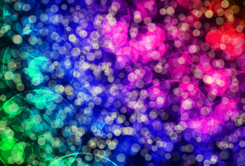Bright abstract lights background. Colorful banner with blue, purple, red and green dotted pattern on dark banner. Festive party concept backdrop, bokeh lights 