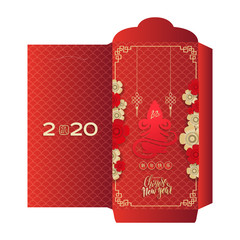 Chinese New Year Greeting Money Red Packet Ang Pau Design. A stylized silhouette of a rat surrounded by flowers on its sides. Translation of Chinese characters - Happy New Year. Die-cut on other layer