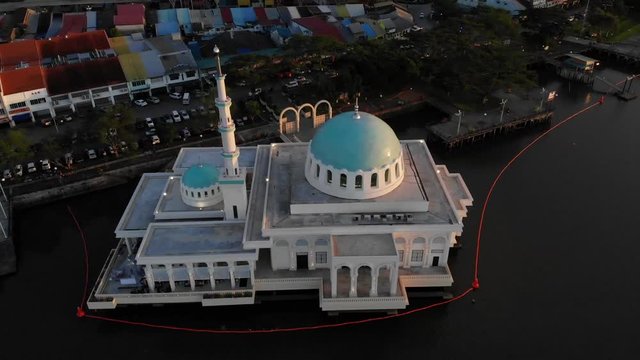 Aerial view of the beautiful floating mosque of Kuching  or also known as masjid india during sunset