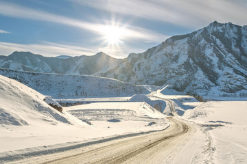 road snow mountains winter snowy