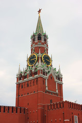 Kremlin close up view in Moscow, Russia. Architecture of the Spasskaya Tower of the Kremlin on the...