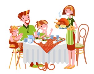Family dinner. Happy father sitting with children at table. Mother holds roast turkey. Happy people celebrate Thanksgiving day or Christmas at home. Vector illustration in a cartoon style