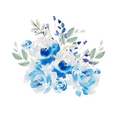 Beautiful Watercolor wedding blue wreath with roses flowers and peony, leaves. 